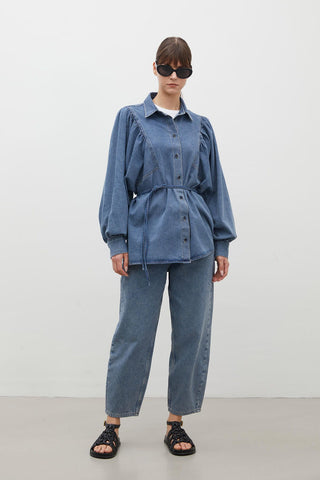 Balloon Sleeve Denim Shirt Blue