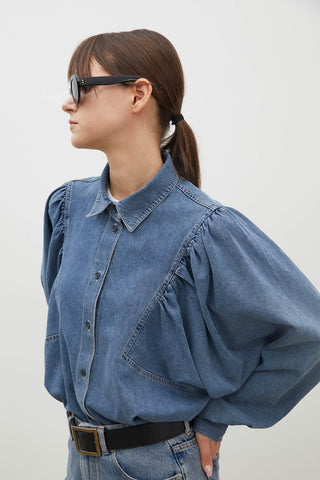 Balloon Sleeve Denim Shirt Blue