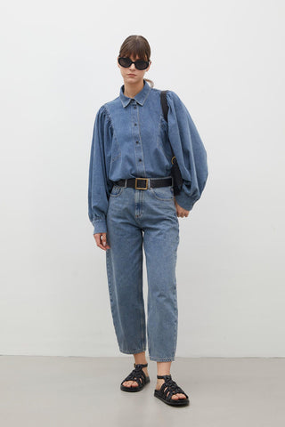 Balloon Sleeve Denim Shirt Blue