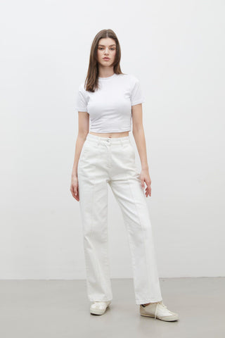 Stitch Detail Straight Denim Trousers White