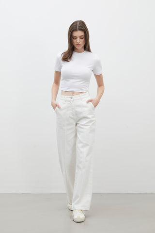 Stitch Detail Straight Denim Trousers White