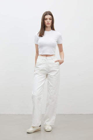 Stitch Detail Straight Denim Trousers White