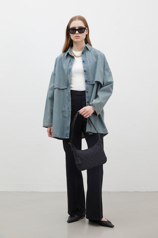 Trench Design Denim Jacket Dark Blue