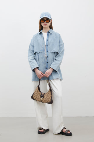 Trençkot Tasarımlı Denim Ceket Buz Mavisi