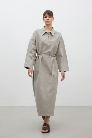 Collar Detail Denim Dress Stone