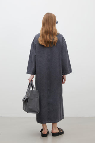 Yaka Detaylı Denim Elbise Antrasit