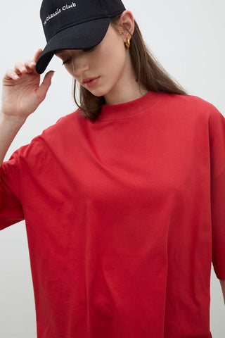 Oversize Pamuklu Kısa Kollu T-Shirt Kırmızı