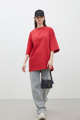 Oversize Pamuklu Kısa Kollu T-Shirt Kırmızı