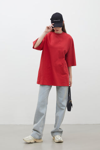 Oversize Pamuklu Kısa Kollu T-Shirt Kırmızı