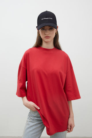 Oversize Pamuklu Kısa Kollu T-Shirt Kırmızı