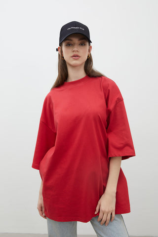 Oversize Pamuklu Kısa Kollu T-Shirt Kırmızı