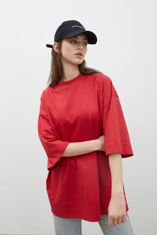 Oversize Pamuklu Kısa Kollu T-Shirt Kırmızı