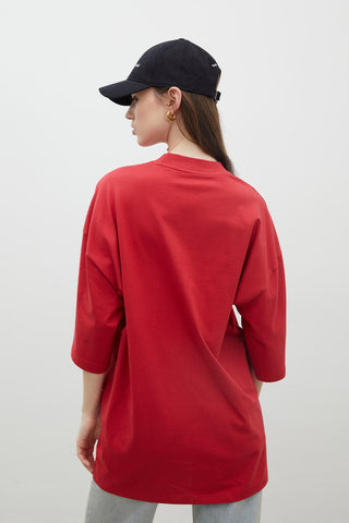 Oversize Pamuklu Kısa Kollu T-Shirt Kırmızı