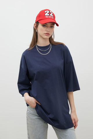 OVERSIZE PAMUKLU KISA KOL TSHIRT LACİVERT