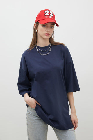 Oversize Pamuklu Kısa Kollu T-Shirt Lacivert