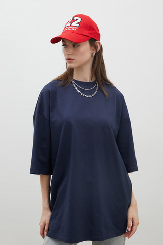 Oversize Pamuklu Kısa Kollu T-Shirt Lacivert