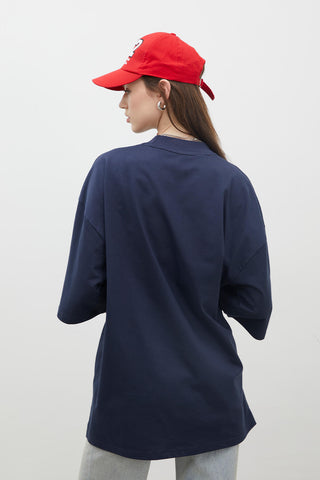 Oversize Pamuklu Kısa Kollu T-Shirt Lacivert