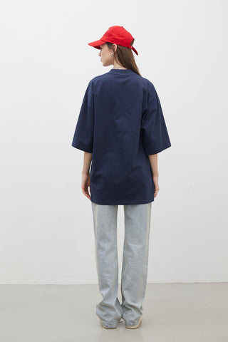 Oversize Pamuklu Kısa Kollu T-Shirt Lacivert