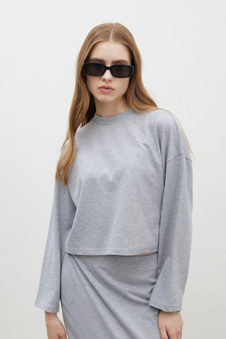 Long Sleeve Cotton Crop T-Shirt Grey