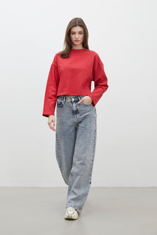 Long Sleeve Cotton Crop T-Shirt Red