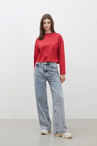 Long Sleeve Cotton Crop T-Shirt Red