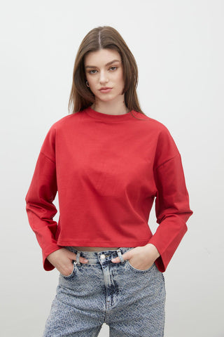 Long Sleeve Cotton Crop T-Shirt Red