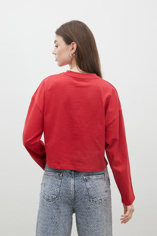 Long Sleeve Cotton Crop T-Shirt Red