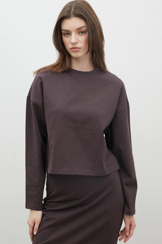 Long Sleeve Cotton Crop T-Shirt Dark Brown