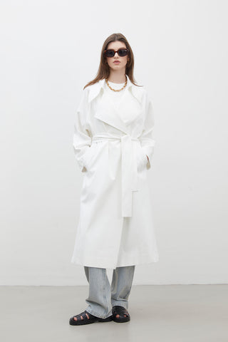 Oversize Geniş Yaka Trençkot Ekru
