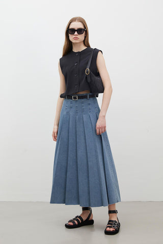 Pleated Denim Skirt Blue