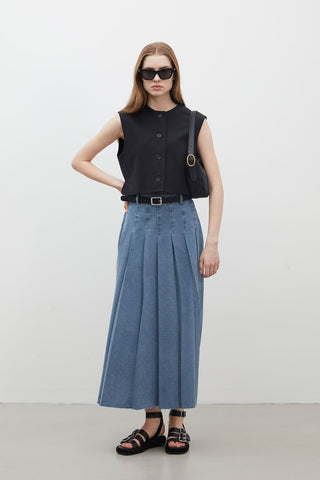 Pleated Denim Skirt Blue