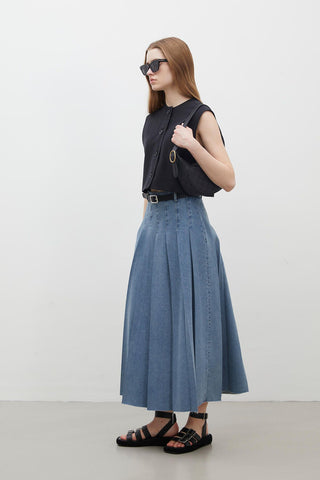 Pleated Denim Skirt Blue