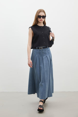 Pleated Denim Skirt Blue