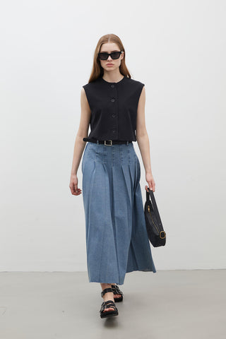 Pleated Denim Skirt Blue