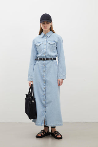 1975 Belted Denim Dress Ice Blue