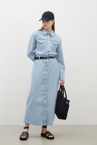 1975 Belted Denim Dress Ice Blue