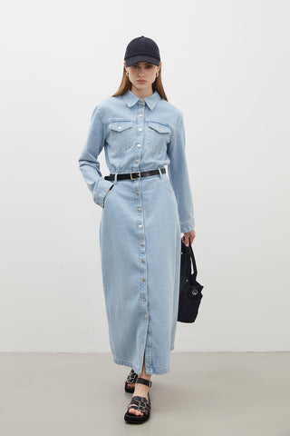 1975 Belted Denim Dress Ice Blue