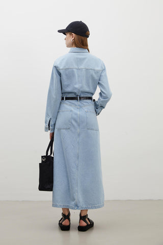 1975 Belted Denim Dress Ice Blue