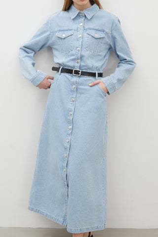 1975 Belted Denim Dress Ice Blue