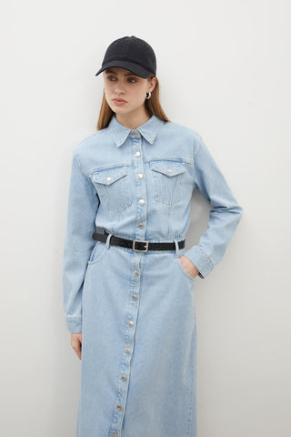 1975 Belted Denim Dress Ice Blue