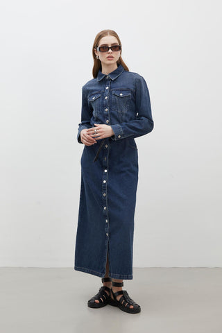 1975 Belted Denim Dress Blue