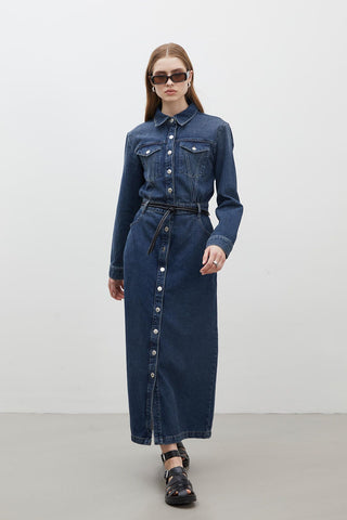 1975 Belted Denim Dress Blue