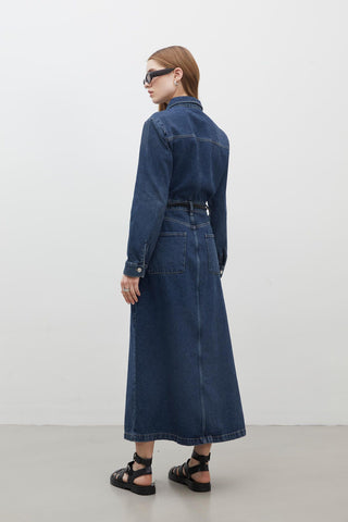 1975 Belted Denim Dress Blue