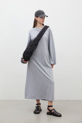 Oversize Pamuklu Elbise Gri Melanj