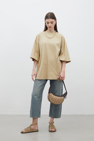 OVERSIZE PAMUKLU KISA KOL TSHIRT CAMEL