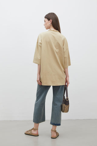 OVERSIZE PAMUKLU KISA KOL TSHIRT CAMEL