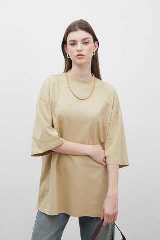 OVERSIZE PAMUKLU KISA KOL TSHIRT CAMEL