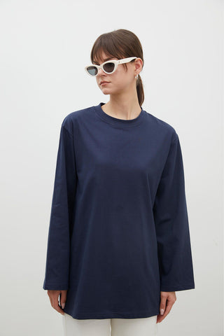 Oversize Cotton Long Sleeve T-Shirt Navy Blue