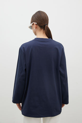 Oversize Cotton Long Sleeve T-Shirt Navy Blue