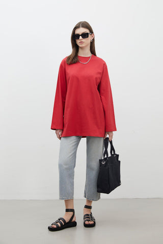 Oversize Cotton Long Sleeve T-Shirt Red